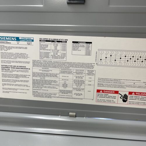 Siemens G3042L3200CU Main Lug Load Center, 3 Phase, 30s/42c 200 Amp, 120/240V 3W