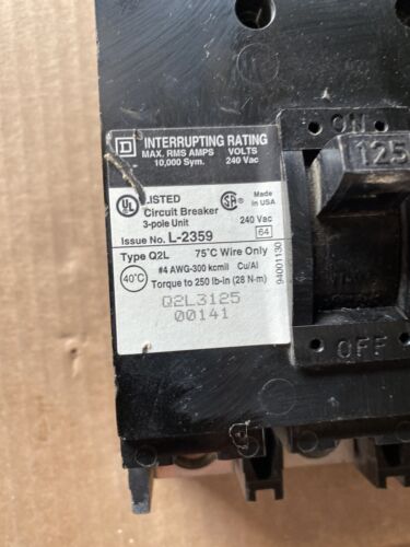 Q2L3125 Square D Circuit Breaker 3 Pole 125 Amp 240V