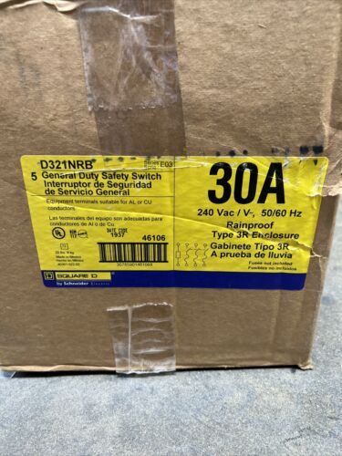NEW SQUARE D 30 AMP 3 POLE FUSED 3R DISCONNECT SAFETY SWITCH 240 VAC D321NRB
