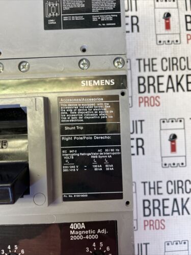HJXD63B400 SIEMENS 3 POLE 400 AMP 600 VOLT With Shunt Trip Reconditioned