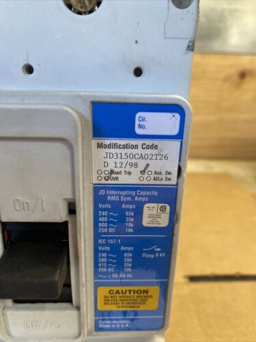EATON CUTLER HAMMER JD3150 CA02T26 Breaker with aux and uvr