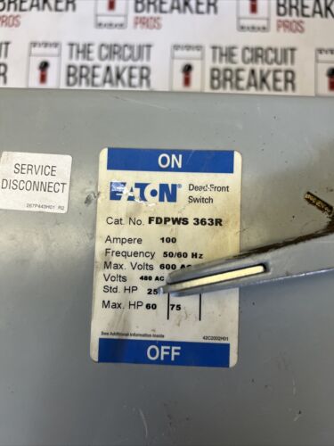 EATON FDPWS363R 100 amp 600 volt 60 HP Fusible Panel Mount Switch