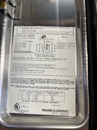 Square D HU361DS Stainless Steel Enclosed Switch (Hole on Top & Side)