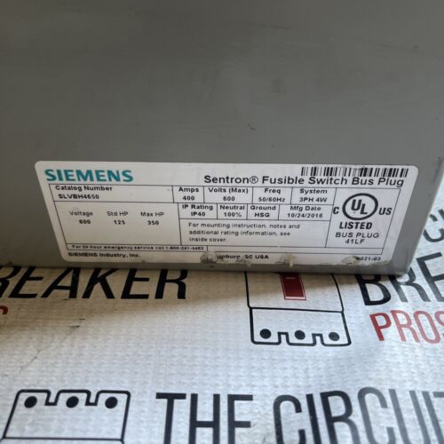 Siemens SLVBH4650 Fusible Switch Plug In Bus Plug 400A 600v 3Ph 4W New In Box