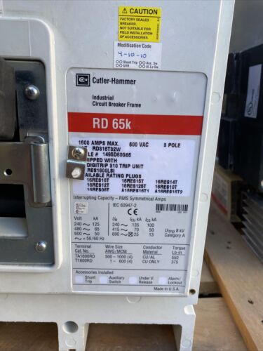 Cutler Hammer RD316T32W 3P 1600 amp 600v RD 65k RES1600LSI Breaker -TESTED