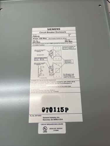 F6N1S Siemens 250A Max F Frame Nema 1 Circuit Breaker Enclosure 200a Breaker