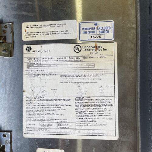 New Surplus GE Heavy Duty Stainless Steel THN3362SS Safety Switch 60 Amp 600 V