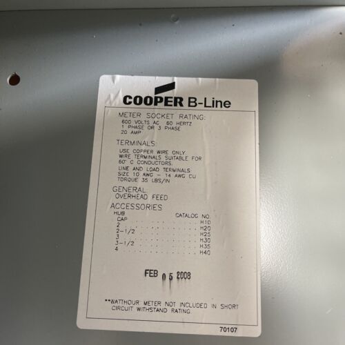 cooper b-line 121814 20 Amp 600v 1ph Or 3ph 3R Meter New