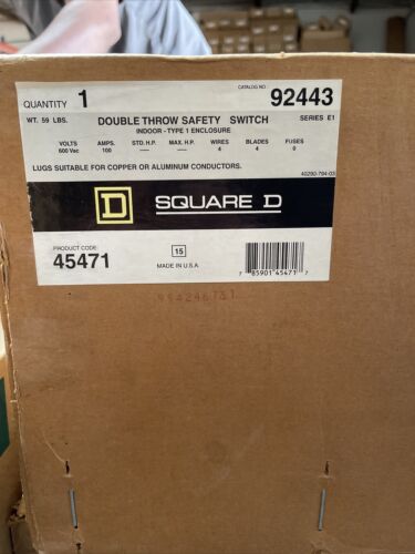 Square D 92443 E1 100A 4P 600VAC Double Throw Non-Fusible Manual Trans