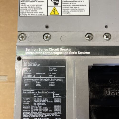 Siemens HLXD63B500 HLXD 3 pole 500 amp 65kA @ 480 volt Sentron Breaker