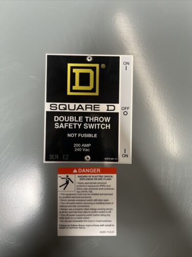 SQUARE D DOUBLE THROW SAFETY SWITCH NON-FUSED 200 AMP 240V 1PH NEMA 3R DTU224NRB
