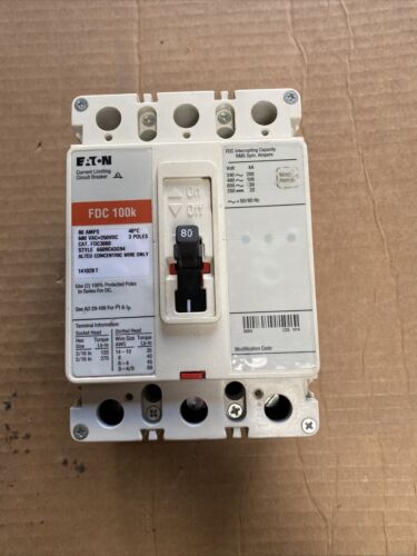 Cutler Hammer FDC3080, 80 Amp, 600 Volt, 3 Pole, RED Circuit Breaker-