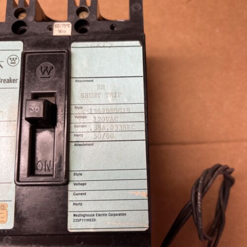 Westinghouse FCL3030L Circuit Breaker 30A 480V 3 Pole W Shunt Reconditioned