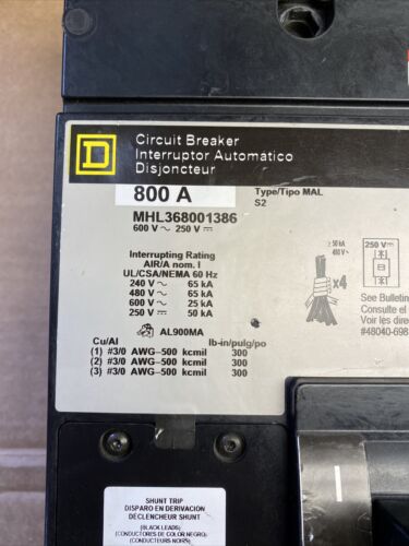 Schneider Square D MH 800A MHL368001386 3-Pole Circuit Breaker 600VAC