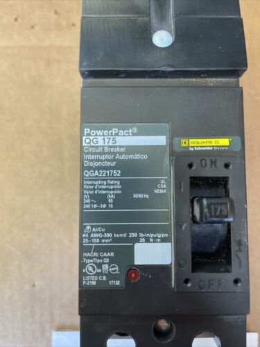 New Square D QGA221752  2p 175a 240v @65k Circuit Breaker A&C Connection Phases