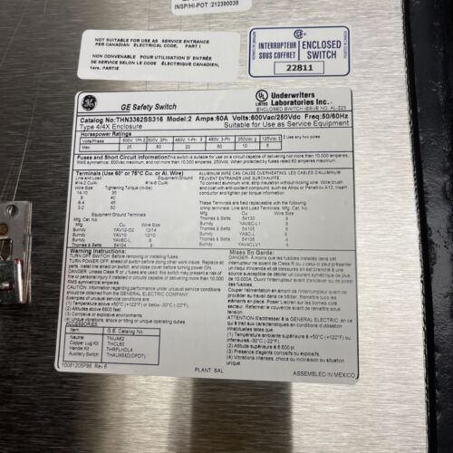 New GE THN3362SS316 60 Amp Non Fused Stainless Steel Disconnect Safety Switch