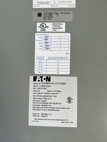 EATON ECS98X2CAJ-C1P7S3E8 S611 125HP 480V 3R Enclosed DRIVE Motor Soft Starter