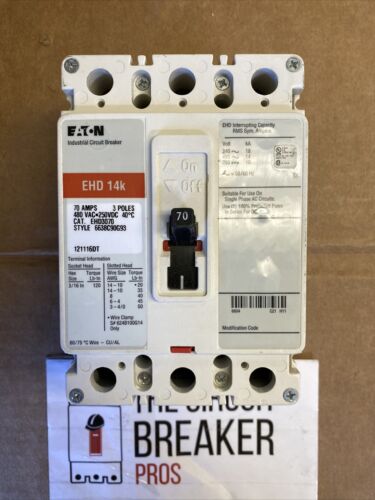 Eaton Cutler-Hammer EHD14K Circuit Breaker, 70A, 480VAC, 3-Pole, #EHD3070 NS