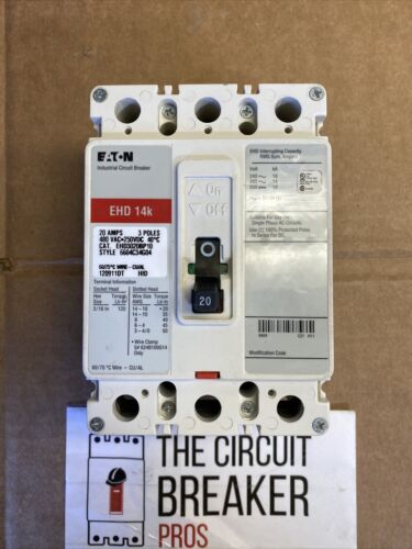 Eaton Ehd3020 Molded Case Circuit Breaker, 20 A, 480V Ac, 3 Pole,  New Surplus