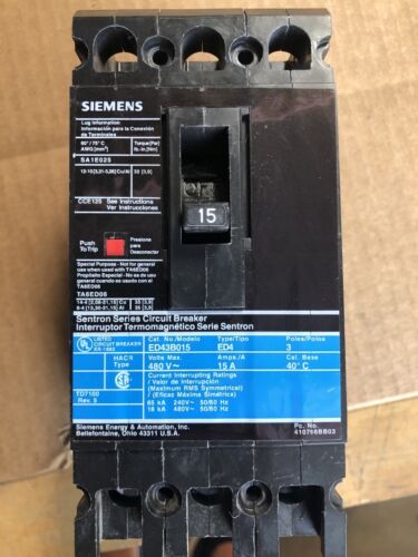 ED43B015 Siemens Circuit Breaker Sentron Series ED 15 Amp 480 Volt Bolt-On