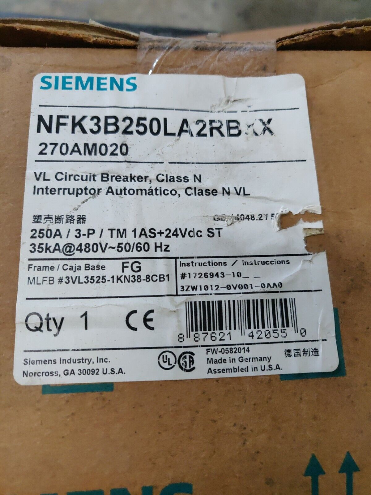 Siemens | NFK3B250LA2RBXX | 250 Amp | 480 Volt | 3 Pole | Circuit Breaker